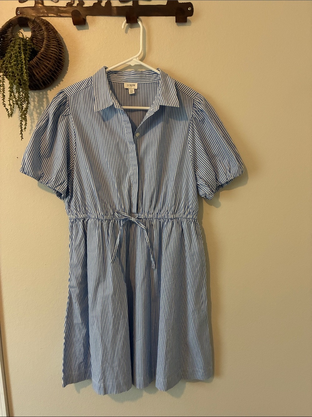 J.Crew Blue & White Striped Puff-Sleeve Mini Shirt Dress